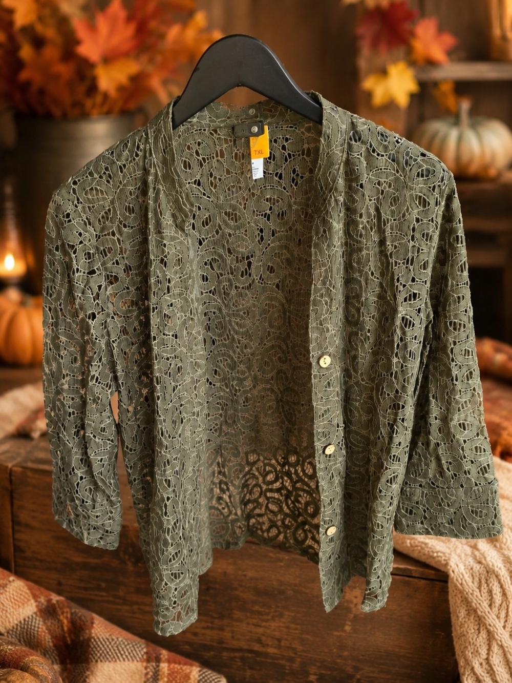 Ruby Rd. Olive Green Lace Button-Front Cardigan